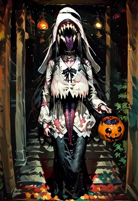 score_9, score_up_8, masterpiece, best quality, explicit,
hasshaku-sama, mature woman, large woman, tall woman, sagging breast, enormous breast, long hair, black hair, horror (theme), collar bone, bony body, skinny, anorexic, fall season, trees, red yellow and orange leaves, falling leaves, night, Expressiveh,
teeth, tongue, open mouth, horror, blood, (((stiches, scars))), black tongue, very long tongue, black tears, full body, tr1ck0rtr3at, holding, halloween bucket, doorway, street background, white bloodstained dress, white sunhat, covered breasts