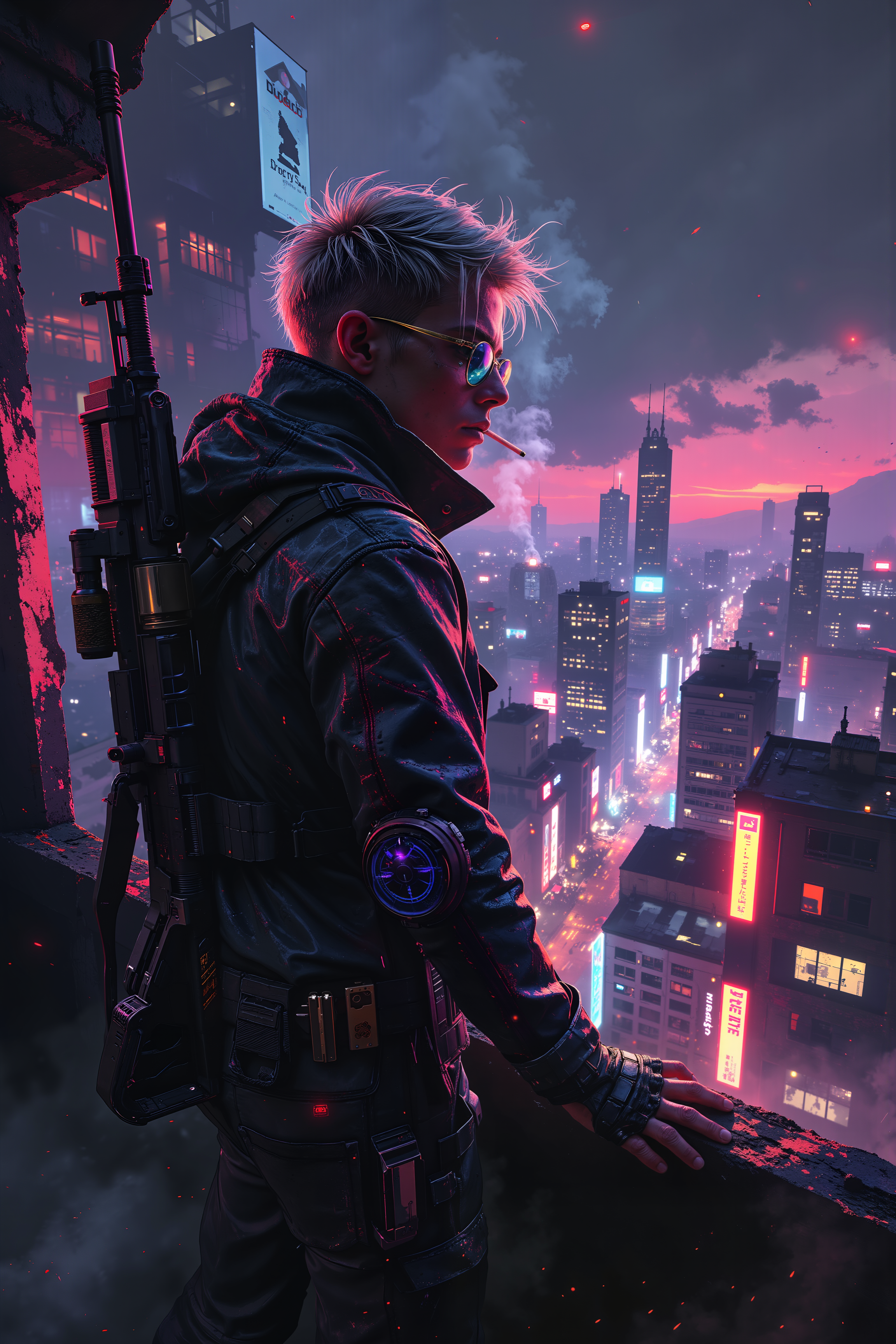 On the rooftop of a neon-lit cityscape, a sleek, cyberpunk rebel with platinum-blond hair and a sharp undercut stands at the edge, overlooking the endless sprawl below. His high-collared, holographic jacket shimmers between deep purples and electric blues, reflecting the flashing advertisements that hover in the air. A glowing cigarette dangles from his lips, leaving a faint trail of cyan smoke as he exhales, his expression effortlessly cool and unreadable. His cybernetic arm, detailed with sleek black plating and neon circuitry, flexes as he adjusts the high-tech sniper rifle slung across his back. The wind tugs at his jacket, revealing the gleaming silver pistols strapped to his thighs, each engraved with intricate, glowing symbols. Below, the streets are alive with a symphony of pulsing bass, flickering neon, and the distant hum of flying cars. His mirrored sunglasses reflect the chaos below, concealing eyes that have seen too much and care too little. He rolls his shoulders, cracks his knuckles, and grinsâthe night is young, and heâs got business to handle. , detailed background  Fantastic lighting. Detailed shadows.intricate details, vivid colors, hyper-detailed, ultra-sharp, , <lora:Luminous_Shadowscape-000016:0.4><lora:black_fantasy_1.0:0.4><lora:Glitchcore_Flux:0.4><lora:- Flux1 - vanta_black_V2.0:0.4>