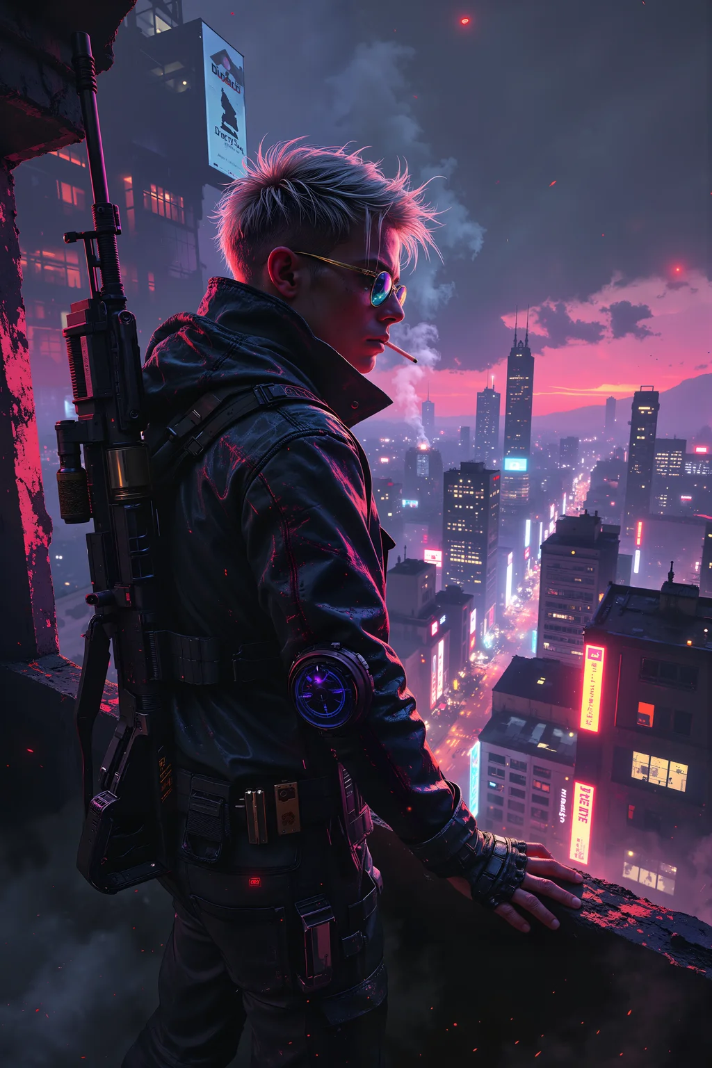 On the rooftop of a neon-lit cityscape, a sleek, cyberpunk rebel with platinum-blond hair and a sharp undercut stands at the edge, overlooking the endless sprawl below. His high-collared, holographic jacket shimmers between deep purples and electric blues, reflecting the flashing advertisements that hover in the air. A glowing cigarette dangles from his lips, leaving a faint trail of cyan smoke as he exhales, his expression effortlessly cool and unreadable. His cybernetic arm, detailed with sleek black plating and neon circuitry, flexes as he adjusts the high-tech sniper rifle slung across his back. The wind tugs at his jacket, revealing the gleaming silver pistols strapped to his thighs, each engraved with intricate, glowing symbols. Below, the streets are alive with a symphony of pulsing bass, flickering neon, and the distant hum of flying cars. His mirrored sunglasses reflect the chaos below, concealing eyes that have seen too much and care too little. He rolls his shoulders, cracks his knuckles, and grinsâthe night is young, and heâs got business to handle. , detailed background  Fantastic lighting. Detailed shadows.intricate details, vivid colors, hyper-detailed, ultra-sharp, , <lora:Luminous_Shadowscape-000016:0.4><lora:black_fantasy_1.0:0.4><lora:Glitchcore_Flux:0.4><lora:- Flux1 - vanta_black_V2.0:0.4>