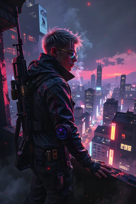 On the rooftop of a neon-lit cityscape, a sleek, cyberpunk rebel with platinum-blond hair and a sharp undercut stands at the edge, overlooking the endless sprawl below. His high-collared, holographic jacket shimmers between deep purples and electric blues, reflecting the flashing advertisements that hover in the air. A glowing cigarette dangles from his lips, leaving a faint trail of cyan smoke as he exhales, his expression effortlessly cool and unreadable. His cybernetic arm, detailed with sleek black plating and neon circuitry, flexes as he adjusts the high-tech sniper rifle slung across his back. The wind tugs at his jacket, revealing the gleaming silver pistols strapped to his thighs, each engraved with intricate, glowing symbols. Below, the streets are alive with a symphony of pulsing bass, flickering neon, and the distant hum of flying cars. His mirrored sunglasses reflect the chaos below, concealing eyes that have seen too much and care too little. He rolls his shoulders, cracks his knuckles, and grinsâthe night is young, and heâs got business to handle. , detailed background Fantastic lighting. Detailed shadows.intricate details, vivid colors, hyper-detailed, ultra-sharp, , <lora:Luminous_Shadowscape-000016:0.4><lora:black_fantasy_1.0:0.4><lora:Glitchcore_Flux:0.4><lora:- Flux1 - vanta_black_V2.0:0.4>