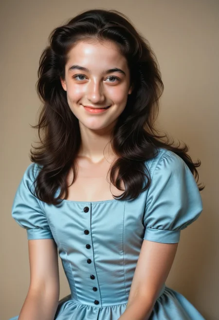 kellymorrison, photorealistic, realistic, portrait of a young woman wearing a dress, prefect detailed face, closed mouth, gray eyes, long hair, smirk. sitting, simple background. 8k, perfect quality, cinematic lighting.