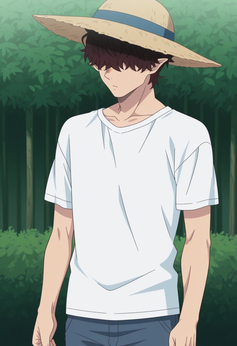 masterpiece,best quality,amazing quality, source_anime, 
Warumonosan, 1boy, male focus, solo, pointy ears, hair over eyes, brown hair, straw hat, t-shirt, short sleeves,
outdoor,
