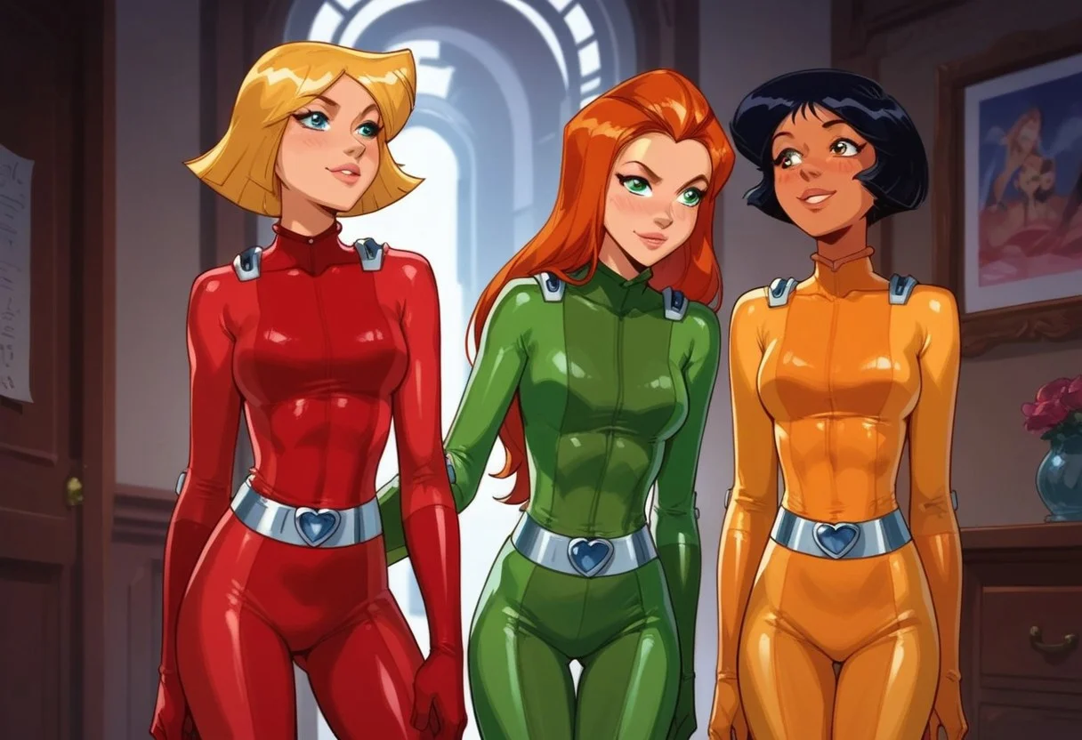masterpiece,best quality, highly detailed, score_9, score_8_up, score_7_up, score_6_up, source_cartoon, BREAK, 1girls, 3girls, multiple girls, \(totally spies\), samts, alexts, cloverts, orange hair, green eyes, blonde hair, blue eyes, brown hair, brown eyes, red bodysuit, green bodysuit, yellow bodysuit,