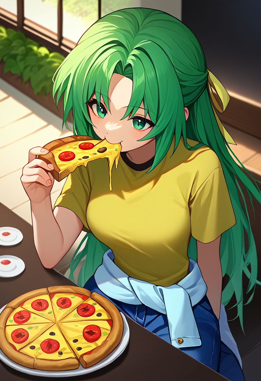 score_9, score_8_up, score_7_up, 1girl, solo,  ShiiSchool, green hair, long hair, green eyes, hair ribbon, <lora:Shion lorer 4-000007:1> <lora:MionCAME2:1>  yellow T-shirt,white clothes around waist, jeans, restaurant, pizza, eating pizza,