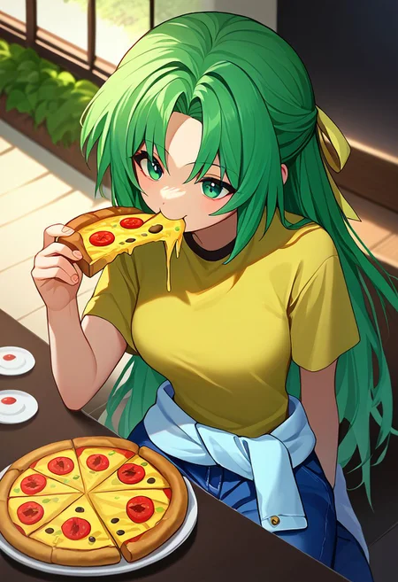 score_9, score_8_up, score_7_up, 1girl, solo, ShiiSchool, green hair, long hair, green eyes, hair ribbon, <lora:Shion lorer 4-000007:1> <lora:MionCAME2:1> yellow T-shirt,white clothes around waist, jeans, restaurant, pizza, eating pizza,