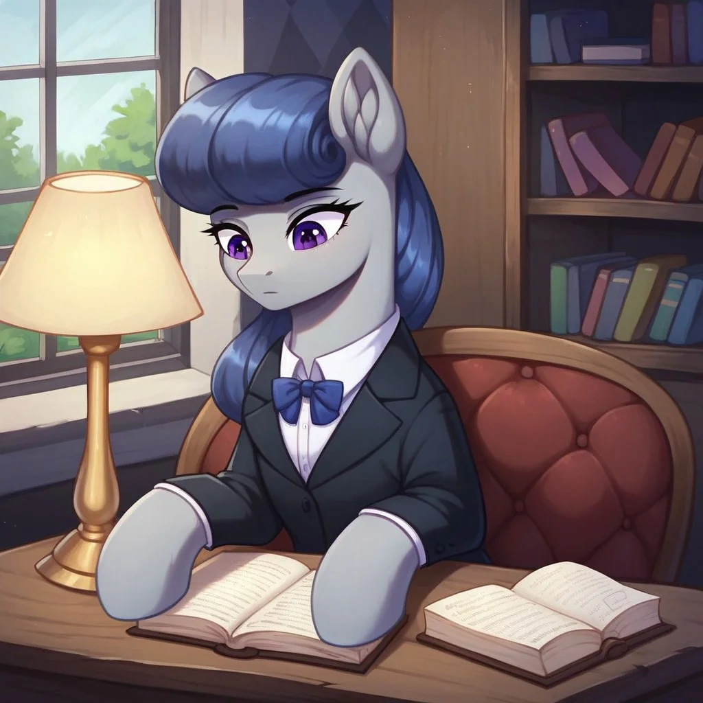 masterpiece, score_9_up, score_8_up, score_7_up, score_6_up, (best quality:1.1), ultra-detailed, high resolution, solo, BigSister, pony, mlp, feral, female, eyebrows, ((beautiful detailed purple eyes)), long eyelashes, female, fluffy pony ears, gray skin, black mane, emotionless facial expression, dressed, black suit, detailed facial features, expressiveh, highly visible, sharp focus, anatomically correct, detailed background, black indoors, modern times, home, metal table, sitting, leaning on table, bookshelf, Armchair, books, lamp on table, three quarter view, looking down, expressiveh, highly visible, sharp focus, anatomically correct
