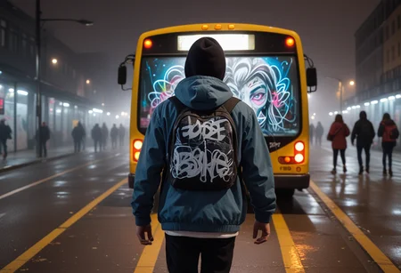 (medium full shot) of (long shot , back view) of graffiti artist rushing to work, detailed face, located in an urban scene at a bustling bus stop during midnight with foggy weather, illuminated by streetlights, creating a bustling atmosphere, Masterpiece,best quality, photo, realistic, very aesthetic,
