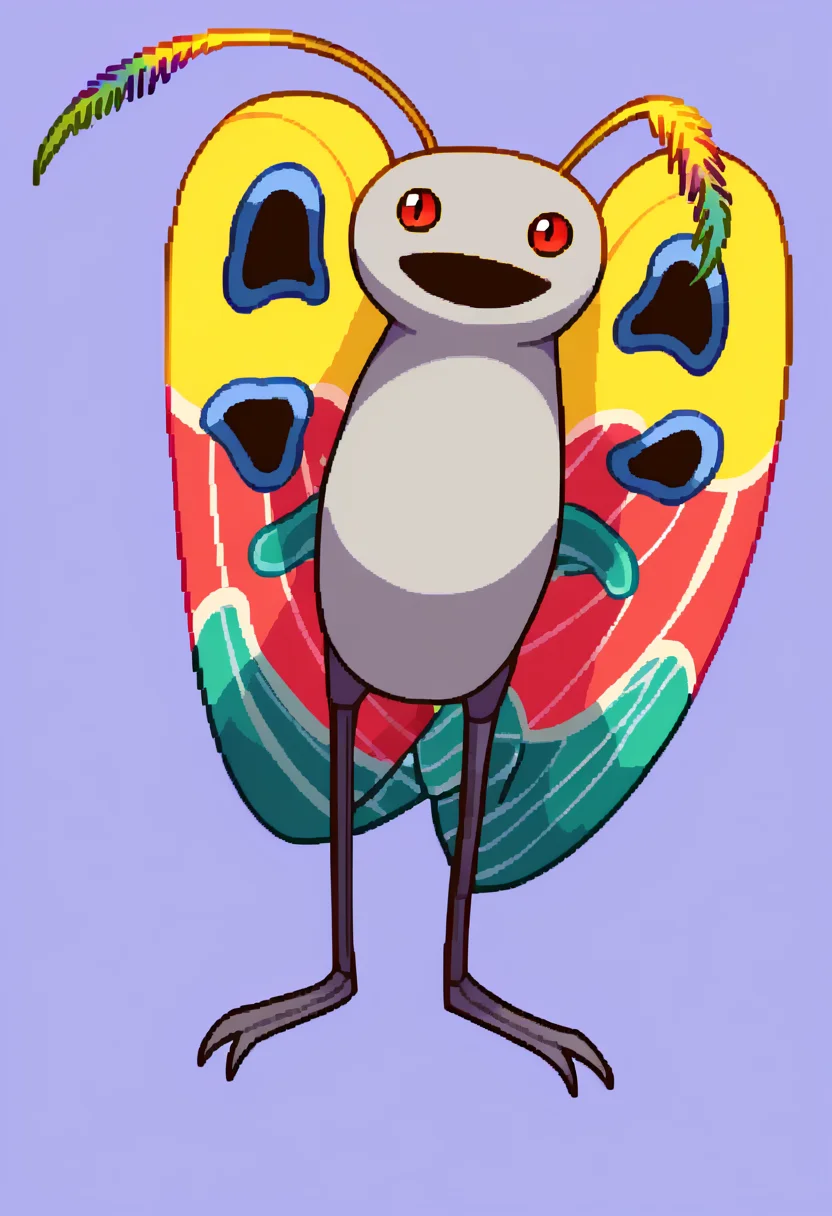score_9, score_7_up, BREAK, solo, looking at viewer,  <lora:CPS2-pdxl_Fp:1>, simple background, full body, pixel art, pokemon \(creature\), <lora:Mothman-pdxl_Fp:1>, mothman, red eyes, open mouth, antennae, grey skin, wings, smile,