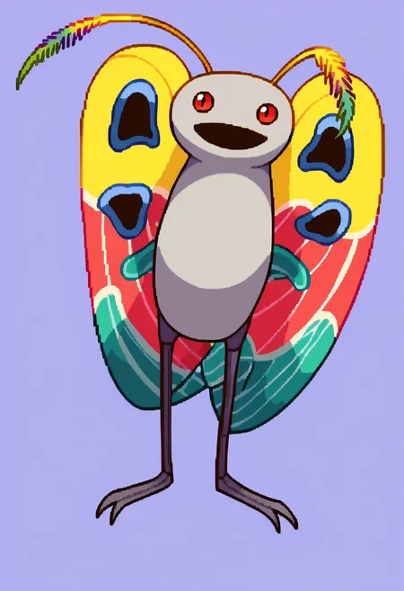 score_9, score_7_up, BREAK, solo, looking at viewer, <lora:CPS2-pdxl_Fp:1>, simple background, full body, pixel art, pokemon \(creature\), <lora:Mothman-pdxl_Fp:1>, mothman, red eyes, open mouth, antennae, grey skin, wings, smile,