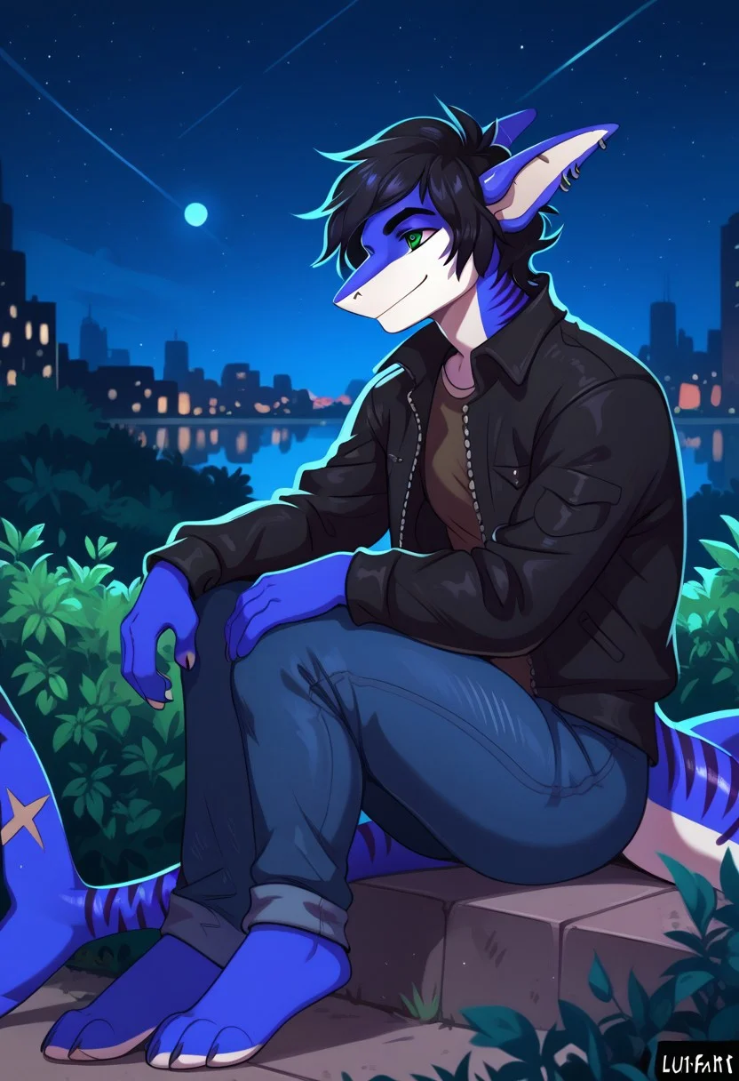 ziffir_stylepxl,  score_9, score_8_up, score_7_up, 1boy, solo, lunarsunxl, anthro shark,dark blue skin, stripes on the body, short hair,lush hair,black hair, green eyes, shark tail, ear piercing, BREAK, sitting on the ground, left leg straight, right knee bent, hands on knees, black leather jacket, blue jeans, side view, night sky, looking at the sky, slight smile, background hill outside the city,