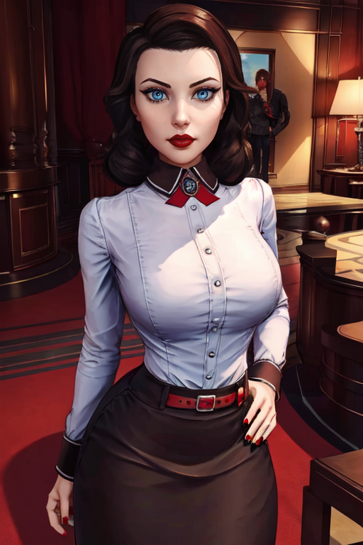 masterpiece,best quality,extreme detail,8k,<lora:elizabeth2:0.6>,elizabeth2,1girl,solo,looking at viewer,skirt,brown hair,shirt,belt,nail polish,lips,blue eyes,makeup,lipstick,red nails,wide hips,large breasts,