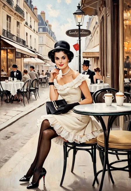 A vintage oil painting of an elegant french woman sitting at the table in front of her on Parisian street cafe, black stockings and high heels shoes, black hair with white ruffles, detailed face features, outdoor coffee tables and chairs, neutral soft colors, vintage_p_style