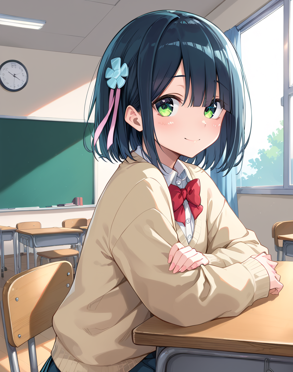 tsuyu-chan, black hair, short hair, green eyes, school uniform, hair ornament,red bow, shirt, ribbon, white shirt, beige cardigan, long sleeves  BREAK indoors, classroom, sunset  BREAK shy smile, from side, looking at side, sitted on chair, arms on desk BREAK score_9, score_8_up, score_7_up, source_anime ,zPDXL, perfect hand, <lora:Tsuyu-chan:0.8>