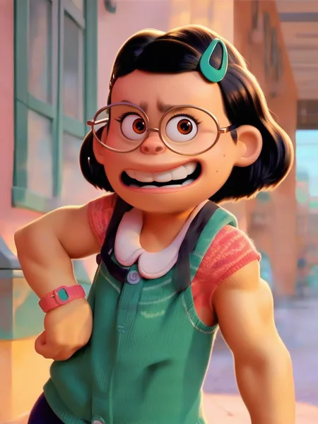 <lora:Mai_lee:0.9> m_l, 1girl, small body, brown eyes, short hair, black hair, glasses, mint hairpin, muscular body,, score_9, score_8_up, score_7_up,