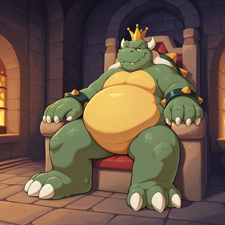 masterpiece, best quality, newest, absurdres, highres, safe, <lora:King_Koopa_-_IL:1> king koopa, turtle, furry, chubby, fat, green skin, yellow belly, reptile, crown, spiky shell, horns, spiky bracelets, three toes, castle background, dungeon scenery, sitting on a throne, smiling, (((shaded))), ((detailed)), ((vibrant)), detailed background, <lora:NOOB_EPSv1_1_detailer_by_vlnvk_v1_0:1>