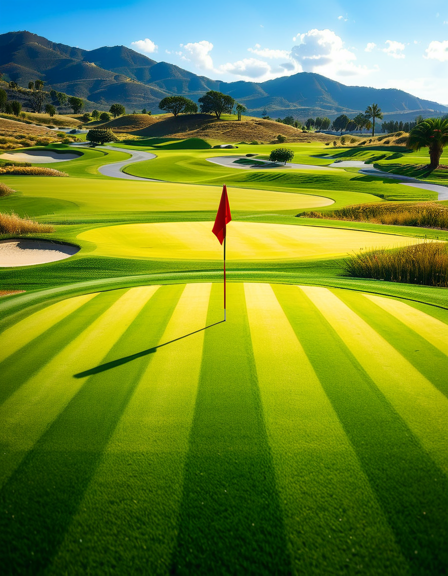 A stunning golf course captured in a high-resolution photograph, bathed in warm sunlight during the golden hour. The vast landscape features lush, perfectly manicured green fairways stretching into the distance, surrounded by rolling hills and scattered sand bunkers with smooth, raked surfaces. A crystal-clear water hazard reflects the sky, adding depth to the scenery. In the foreground, a pristine white golf ball rests on the neatly trimmed grass near a wooden tee marker. A red flag flutters gently atop a flagstick, marking the hole on the undulating green. Tall palm trees or majestic pines line the course, casting long shadows. The background showcases a breathtaking view of distant mountains or a serene blue ocean, enhancing the sense of tranquility and luxury. The sky is a brilliant shade of blue with soft, wispy clouds. The overall composition exudes elegance, precision, and the beauty of nature, capturing the essence of a world-class golf course.
<lora:SDXLFaeTastic2400:0.4> <lora:extremely_detailed:0.4> extremely detailed,<lora:golf_course:1>,golf c0urs3, Masterpiece,best quality,hi res,8k,hi res,8k,award winning,(sharp focus, intricate, highly detailed),