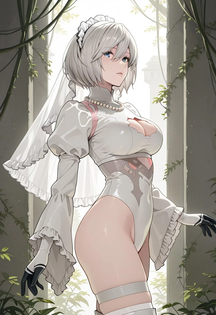 stand up, score_9,score_8_up,score_7_up, detailed anime, nier anime style, screencap. source anime, masterpiece, detailed photo, perfect body, perfect face, pureerosface_v1, 1girl, solo, clothing cutout, bridal gloves, cleavage cutout, high heels, large breasts, curvy, wide hips, silver hair, short hair, blue eyes, thighhighs, white leotard dress, thighhighs boots, high heel boots, white leotard, hairband, no blindfold, long sleeves, ((black with white gloves)), wide sleeves, white thighhighs, thigh strap, cleavage, pink lips, puffy sleeves, underwear, 1mole under mouth, leotard, parted lips, juliet sleeves, frills, white frilled hairband, detached sleeves, veil, pearl necklace, highleg, see-through clothes,
BREAK
cowboy shot, standing, side view, looking at viewer,