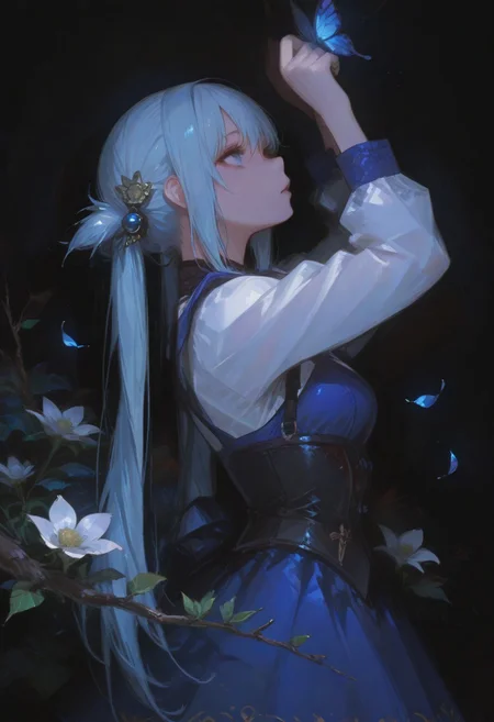 perfect quality,high quality,masterpiece,best quality,amazing quality,very aesthetic,absurdres,Cinematic Lighting,newest,Tactical use of shadow,
AquaCYQL,1girl,solo,long hair,blue hair,very long hair,hair rings,hair ornament,blue eyes,
dress,flower,closedeyes,blackbackground,handonownchest,fromside,shortsleeves,whitedress,petals,bluedress,twintails,veryprofile,butterfly,bug,branch,partedlips,handup,lowtwintails,simplebackground,lookingup,breasts,standing,floralprint,
<lora:ponyv4_noob1_2_adamW:0.7>,<lora:spo_sdxl_10ep_4k-data_lora_webui:0.6>,<lora:USNR STYLE_XL_loha:0.45>,<lora:748cmSDXL:1>,usnr,748cmstyle,<lora:Aqua_Illustrious by Cyql:1>,