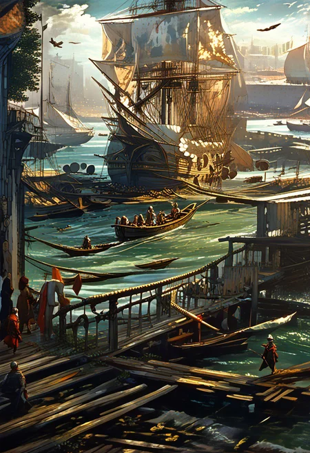 <lora:paulbril_pony_v1:0.9> by bril paul in, marina \(genre\),baroque \(style\), score_9, score_8_up, score_7_up, score_6_up, source_anime, <lora:Worldly_XL:1> Port1660mb, outdoors, ocean, sailing ship, pier, ship, watercraft, Bird, 1girl, sitting, wooden dock, wooden wharf, instrument, solo, solo focused, Kikuchi Makoto sitting on the edge of dock playing saxophone, playing instrument, cowboy shot, 3/4 shot, <lora:Sheeps_Saxophone:0.8> SH_S4X, <lora:KikuchiMakoto_pony_v1:0.9> kkcmkt, short hair, black hair, antenna hair, hair between eyes, black eyes, flat chest, small breasts, historical male suit, cloak, boots, feathered hat, <lora:loraeyesxl:0.4>
