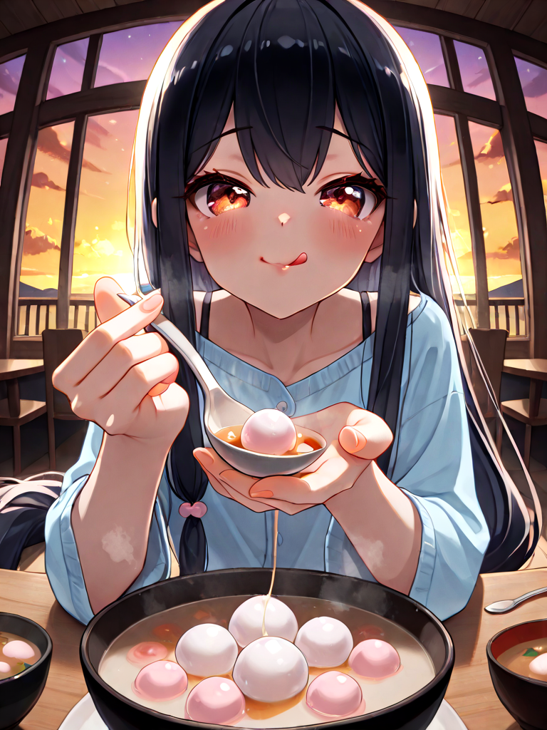 absurdres, explicit, tangyuan feeding, incoming food, blurry foreground, fisheye, pov, 1girl, shy, smile, holding spoon, hand up, sitting, soup, table, steam, steaming food, close-up, foreshortening, reaching towards viewer, sunset, black hair, absurdly long hair, low-tied long hair,  ((((pouty lips, licking lips)))), ((((beckoning, offering hand)))),<lora:girlliketangyuanfeeding_ilxl:0.8>