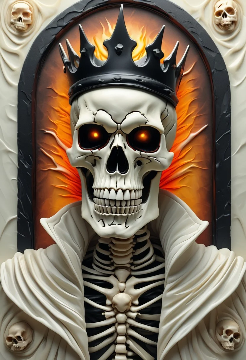 Halloween Portrait of a Skeleton King, Abstract Satin Texture, Bone-White Gradients with Hints of Glowing Red and Deep Black Shadows, Crowned Skull with Fiery Orange Accents, Glossy Finish, Radiating a Sinister, Regal Aura