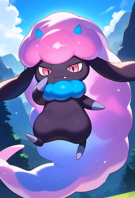 score 9, score 8 up, score 7 up, source anime, <lora:pony_daedream_v:1> daedream, outdoors, pokemon \(creature\), hand on own face, floating,
