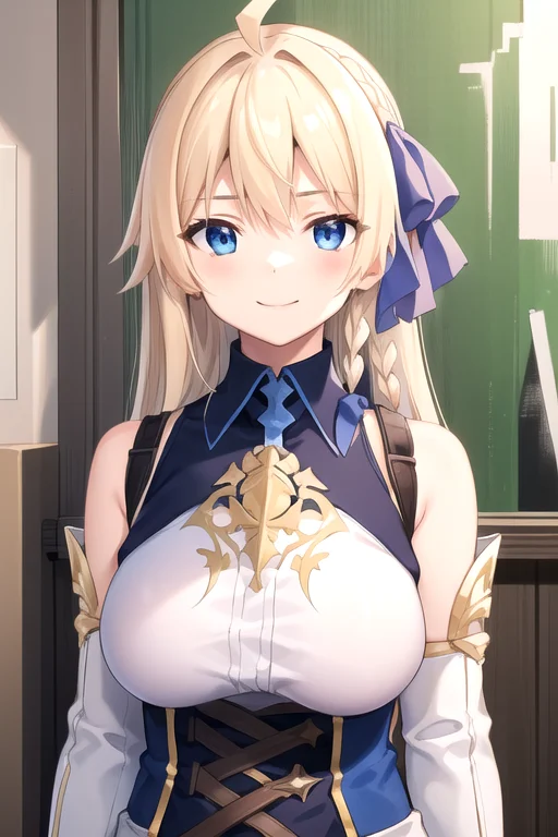 ((masterpiece)),(best quality),official art,extremely delicate and beautiful,extremely detailed CG,unity 8k wallpaper,ultra detailed,beautiful detailed eyes,extremely detailed face,outdoors,1girl,solo,upper body,(portrait:1.5),looking at viewer,facing viewer,smile,Lafilia Merck,ahoge,very long hair,blond hair,hair ribbon,blue ribbon,single braid,hair bow,blue bow,hair intakes,floating hair,sidelocks,hair between eyes,bangs,blue eyes,white shirt,short dress,white dress,sleeveless dress,detached sleeves,fingerless gloves,huge breasts,underbust,zettai ryouiki,thigh boots,white footwear,<lora:Lafilia Merck-v1:0.8>,