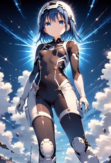 score_9, score_8_up, score_7_up, 1girl,FujisakaLP,high definition eyes, (masterpiece), (best quality), (ultra detailed),(disheveled hair),(illustration), (best shadow), detail1eye, wide thighs, wide hips, (highest quality, highest resolution, distinct_image, detailed details): (Solo, lone girl, Japan face, blue haired girl, short cut, full body figure, small size breasts, sparkling blue colored eyes, pilot suit in metallic white and blue color, tight fit clothes, clothes covering the whole body, beauty, slim body, exoskeleton, sexy pose, heroine, Full face helmet, knee boots)