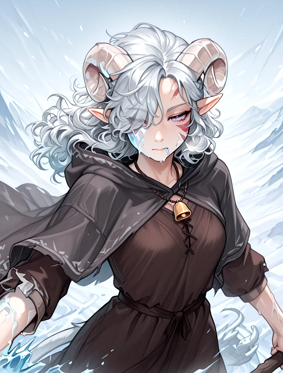 masterpiece, best quality, tiefling, tail, anime, pointy ears, tiefling, silver hair, ivory sheep horn, white horn, solo,
<lora:whisker_markings:0.8>red whisker_markings:1.7, silver long wavy hair, bell necklace, short pointy ears, purple eyes, tiefling_bard_diana:1.2, looking at viwer, injury,
<lora:Frostbite3:0.6> frostbite on face, frostbite, frostbite on clothes, wind, frozen female, cold, frozend face, ice face, ice clothes, loose arms, looking looking at viewer,
hair over one eye, braid, <lora:Tiefling_bard_Diana_ILXL:0.7> cloak, standing , fighting stance, holding shepherd's crook, frostbite on arm, close up, expressionless , steam on mouth, cow tail:1.4, <lora:anatomy_helper:0.3> <lora:illustrious_quality_modifiers_masterpieces_v1:1> masterpiece, very aesthetic, absurdres, aura on hand, magic on hand, mountain,, <lora:anatomy_helper:0.3> <lora:illustrious_quality_modifiers_masterpieces_v1:1> masterpiece, very aesthetic, absurdres,