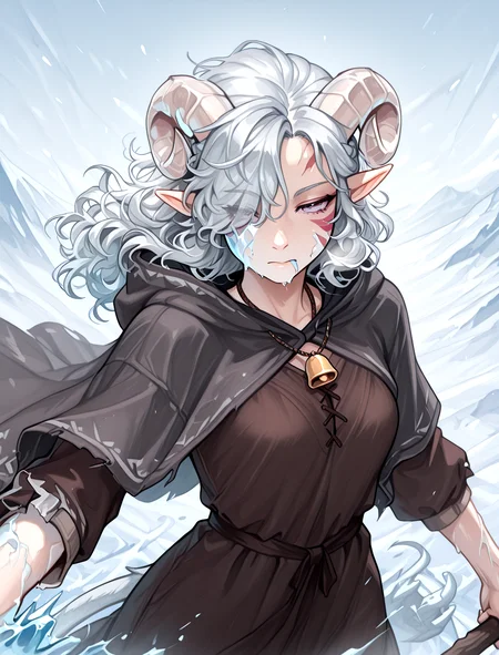 masterpiece, best quality, tiefling, tail, anime,  pointy ears, tiefling, silver hair, ivory sheep horn, white horn,  solo, 
<lora:whisker_markings:0.8>red whisker_markings:1.7, silver long wavy hair, bell necklace, short pointy ears, purple eyes, tiefling_bard_diana:1.2, looking at viwer, injury, 
<lora:Frostbite3:0.6>  frostbite on face,  frostbite,  frostbite on clothes, wind, frozen female, cold,  frozend face, ice face, ice clothes,  loose arms,  looking looking at viewer, 
  hair over one eye, braid, <lora:Tiefling_bard_Diana_ILXL:0.7>  cloak, standing ,  fighting stance, holding shepherd's crook, frostbite on arm, close up,    expressionless , steam on mouth, cow tail:1.4,  <lora:anatomy_helper:0.3> <lora:illustrious_quality_modifiers_masterpieces_v1:1> masterpiece, very aesthetic, absurdres, aura on hand, magic on hand, mountain,, <lora:anatomy_helper:0.3> <lora:illustrious_quality_modifiers_masterpieces_v1:1> masterpiece, very aesthetic, absurdres,