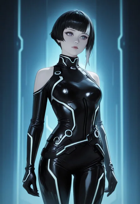 masterwork, masterpiece, best quality, very aesthetic, absurdres, newest, huge filesize, highres, realistic, 1girl, solo, soft lighting, bloom effect, glow, shining, intricate cinematic background, cyberpunk, blue background
(((Tron))), Quorra, black hair, bobcut, bangs, pale skin, ((black latex body suit)), small breasts, white neon highlights, {white} neon trim, {black} outfit, high collar, long sleeves, bare shoulders, standing, (cowboy shot)