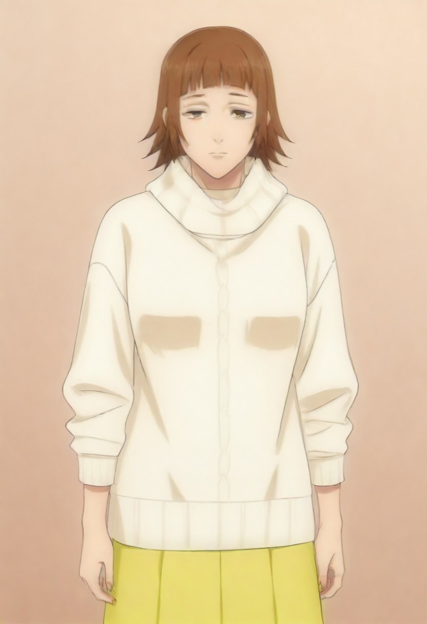 masterpiece, best quality, amazing quality,,, shiny skin,,,,,,,,yuozawa, brown_eyes, brown_hair, short_hair, blunt_bangs,, turtleneck, white_sweater, long_skirt, yellow_skirt,