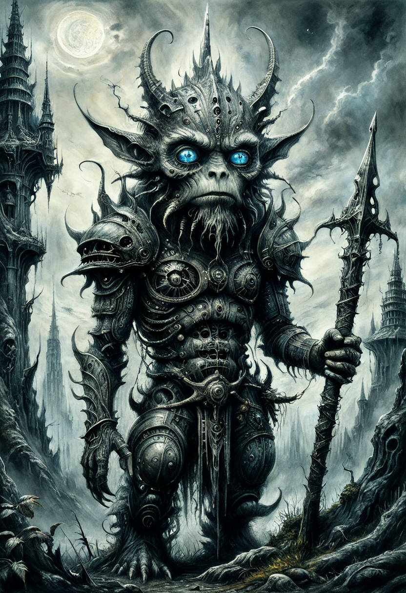 illustration of a little magical cute forest creature, large biomech tower in the background.  The creature IS holding a spear. fantasy art, intricate details, style Jean - Baptiste Monge, style Alan Lee, anthropomorphic insanity scene from a movie, dramatic shot angle, atmospheric particles, Real, raw cinematic photorealism, action portrait, 8k, detailed, centered, full frame, blue eyes, charcoal drawing by H.R Giger,  <lora:Charcoal2.0:0.4>