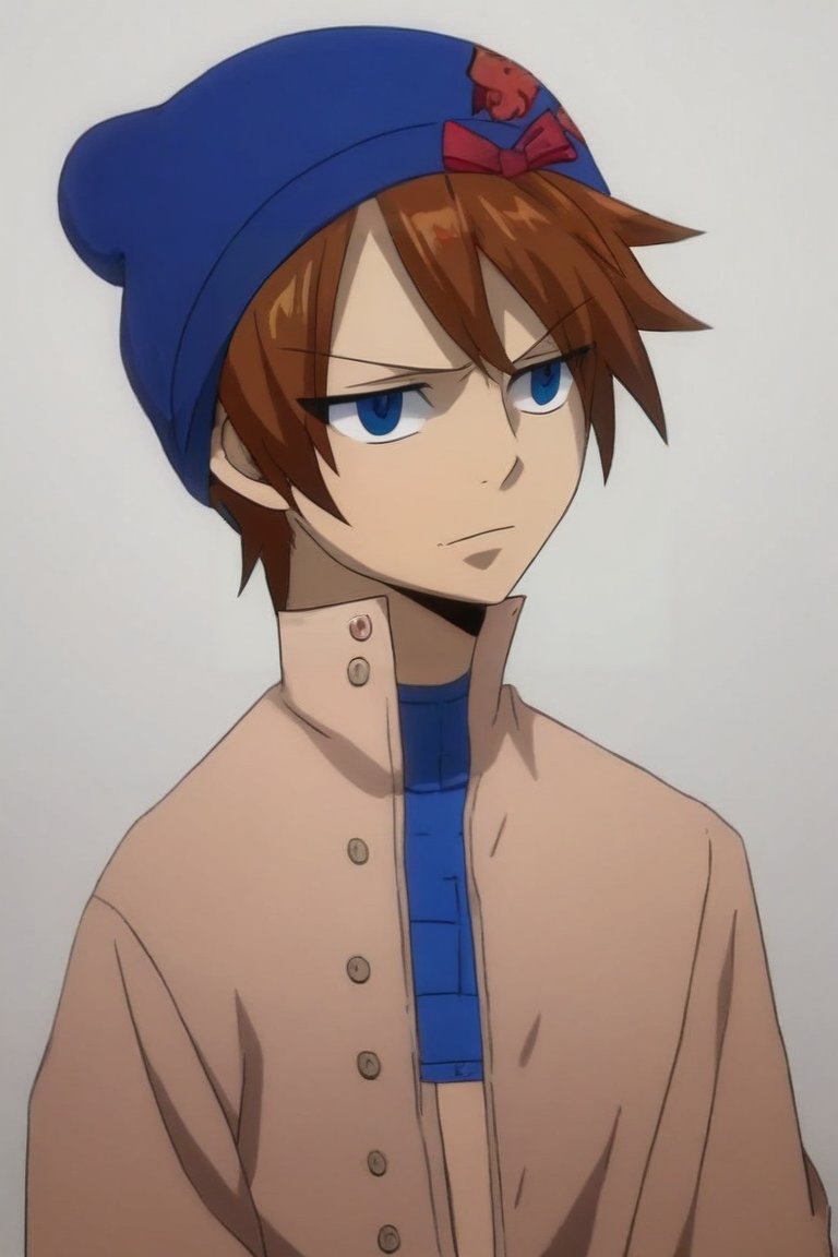 score_9, score_8_up, score_7_up, source_anime, intricate details, (photorealistic:0.6), , upper body, , 1boy, male focus, ice blue eyes, auburn hair, , snapback, solo, Cave Ribbon, <lora:fairy_tail_style_pony:0.96>, fairy_tail_style, <lora:sdxl_lightning_8step_lora:1>,
