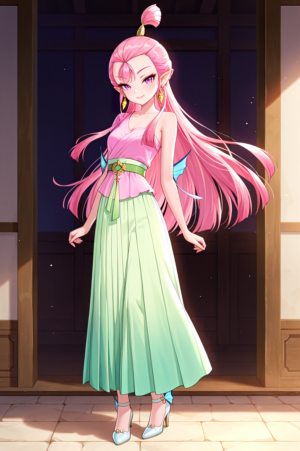 front view,
1girl,looking at viewer,full body,standing,high heels,seductive smile,
Best quality,masterpiece,soft light,official art,high quality,highres,absurdres,epic scene,natural textures,<lora:Xiao Long Nv IL:1>,xiao long nv,teenage,long hair,pink hair,topknot,earrings,jewelry,hair bun,fins-shaped hair bun,single hair bun,fins on arms,pointy ears,pink clothes,green skirt,long skirt,green belt,one bare shoulder,