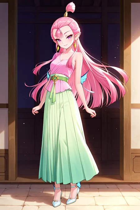 front view,
1girl,looking at viewer,full body,standing,high heels,seductive smile,
Best quality,masterpiece,soft light,official art,high quality,highres,absurdres,epic scene,natural textures,<lora:Xiao Long Nv IL:1>,xiao long nv,teenage,long hair,pink hair,topknot,earrings,jewelry,hair bun,fins-shaped hair bun,single hair bun,fins on arms,pointy ears,pink clothes,green skirt,long skirt,green belt,one bare shoulder,