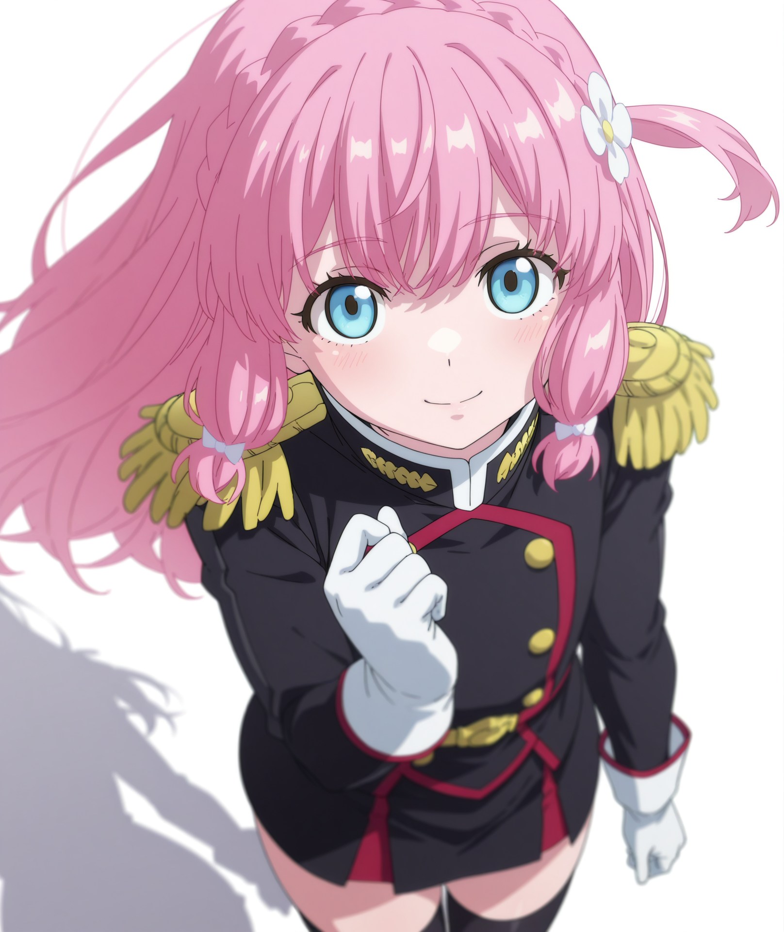 highres, hi res, best quality, masterpiece, 2d, intricate details, 4k, anime coloring, uncensored, shaded, shadow, countershading,
1girl, solo, female, eyelashes, nose, long hair, bangs, blue eyes, hair ornament, pink hair, braid, flower, hair flower, crown braid,
long sleeves, uniform, military, military uniform, epaulettes, black skirt, red skirt, skirt, thighhighs, black thighhighs, gloves,
cowboy shot, foreshortening, looking at viewer, facing viewer, front viewer, 
depth of field, white background, <lora:Nei_Ookawamura_ILXL:1>, mato seihei no slave, ookawamura nei \(mato seihei no slave\), ookawamura nei,