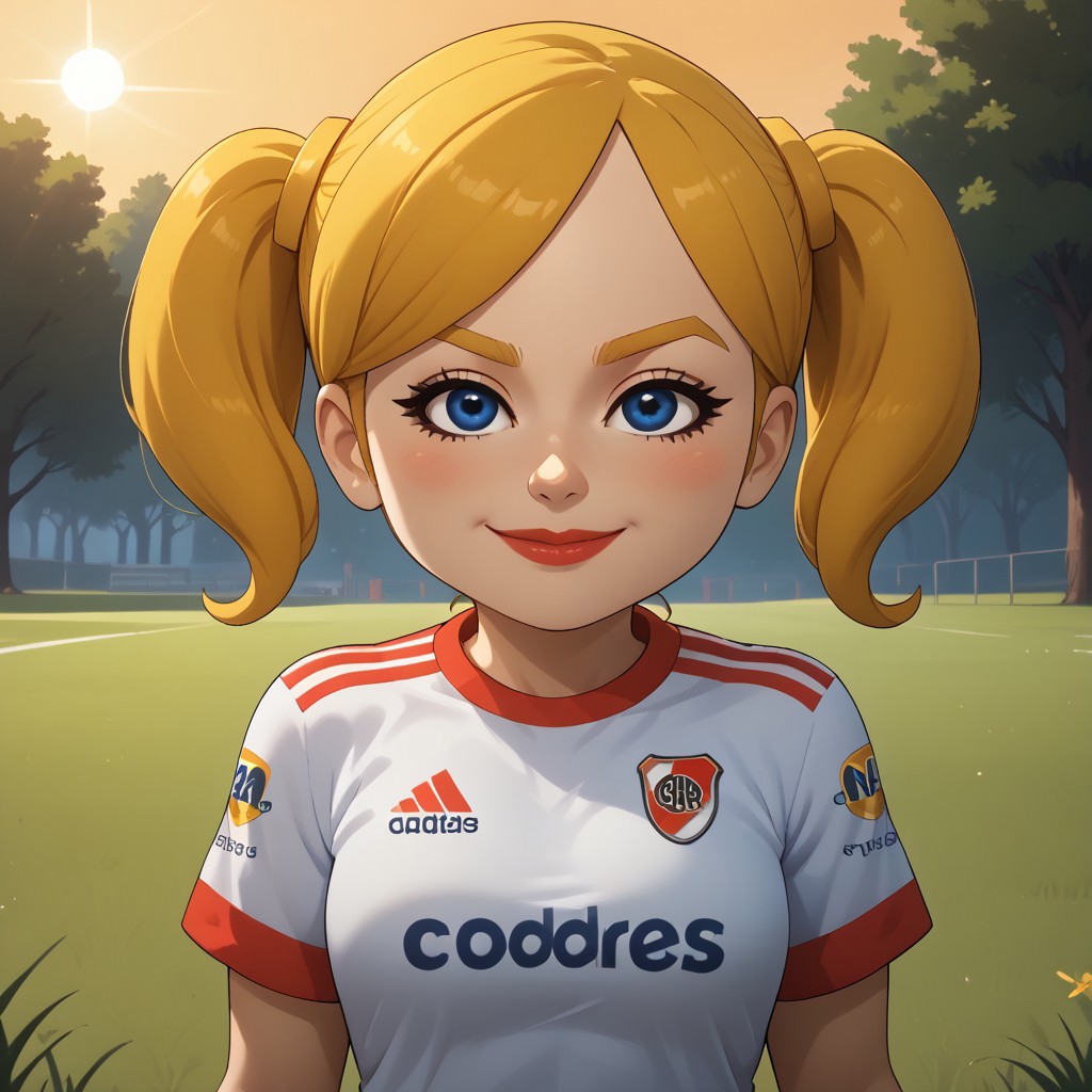 score_9, score_8, BREAK, solo, wii, mii, wii sports, 1girl, female mii, blue eyes, blush, blonde hair, blonde eyebrows, twintails, RiverPlate, striped shirt, striped, shirt, white shirt, short sleeves, clothes writing, sportswear, soccer uniform, white pants, sneakers, nintendo mii, modern_mii, classic_mii, pavika_\(\\oc_mii\\\), breasts, lips, sexy pose, self portrait, smile, outdoors, sunlight, shadows, evening lighting, natural lighting, forest, trees, grass, orange sky, sunset