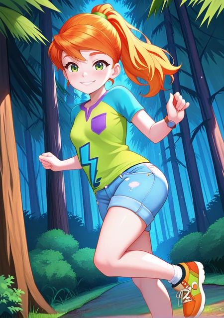 handsfree, masterpiece, best quality, amazing quality, very aesthetic, 1girl, looking at viewer, smile, dynamic pose, outdoors, forest, dynamic angle,
mia_illus, green eyes, orange hair, ponytail, long hair, shirt, raglan sleeves, green shirt, shorts, denim, shoes, socks,  watch, 
<lora:Mia_-_Lego_Friends__Girls_on_a_Mission_ILLUSTRIOUS:1>