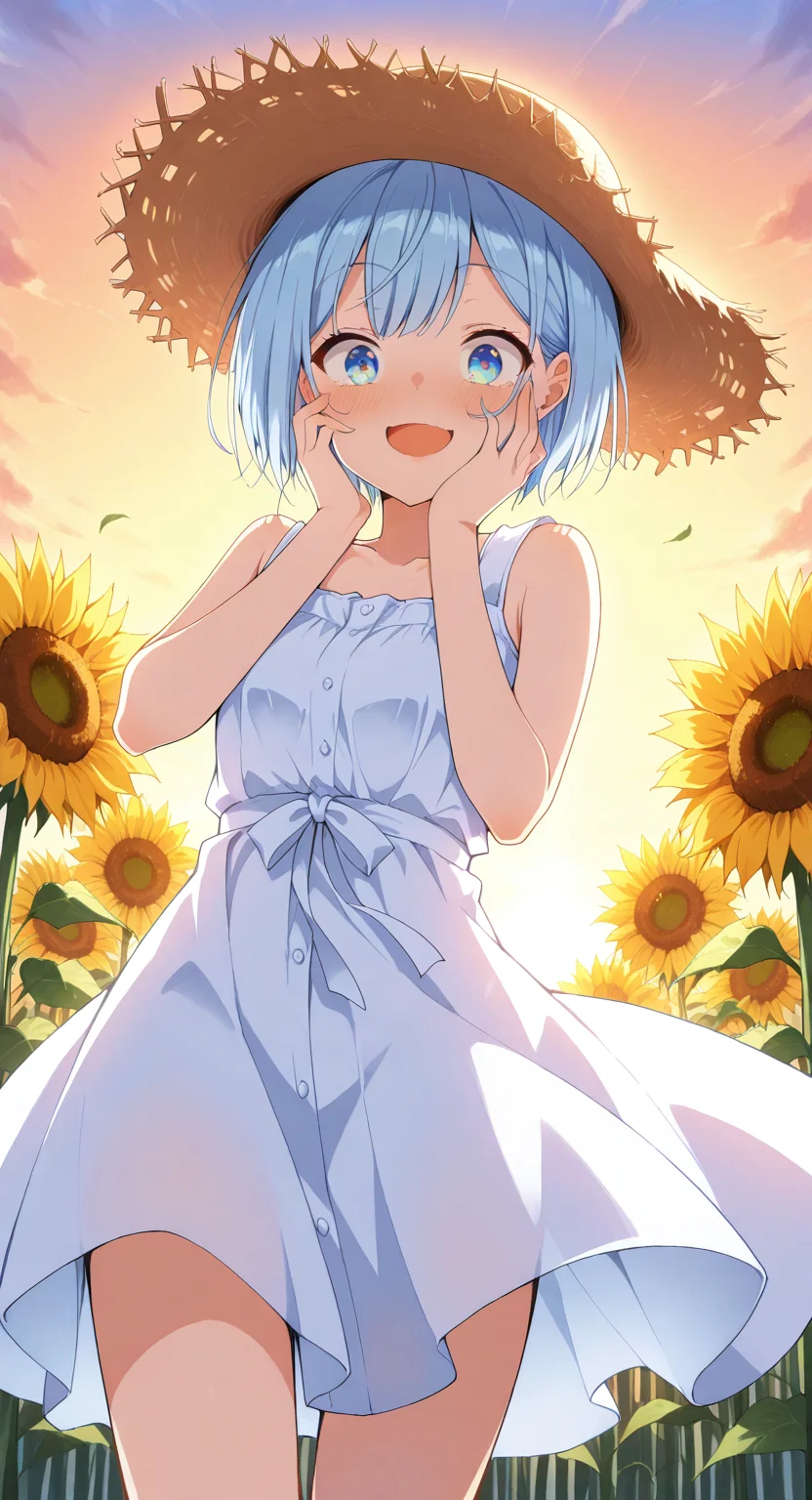 masterpiece, cute, lovely, (best quality:1.3), (amazing quality:1.3), high gradient eyes, very aesthetic, (1girl), (solo), flushed, (Aya_Style), close mouth, smile, Himari_Inuzuka, blue eyes, light blue hair, short hair, excited, BREAK, sunflower field. sunflower plantation, sunset, smile, BREAK, summer dress, summer hat, white dress, straw hat, sunset, cowboy shot, view from below, wind_lift, dynamic angle, (surprise, surprised face, one hand on face, take by surprise, pretending to be surprised), expressions surprise