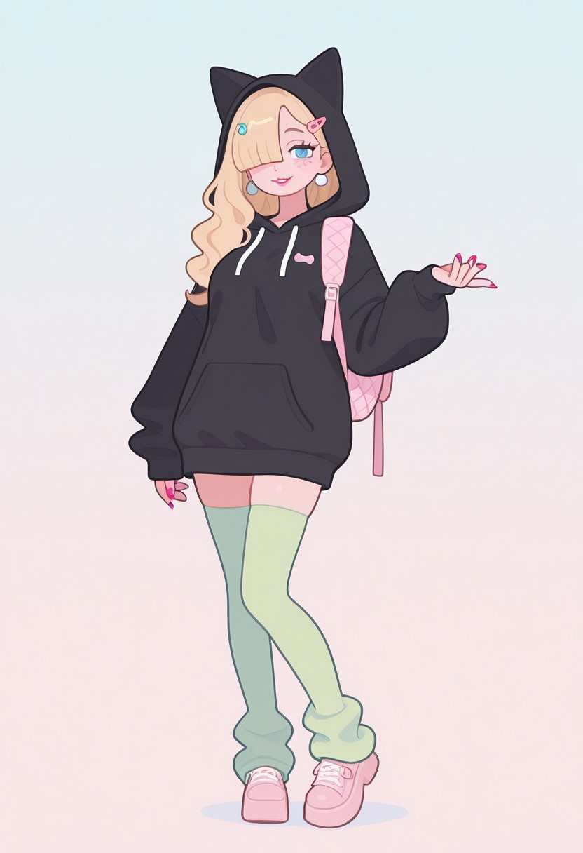 adorable fashion , m1nma_sty, minimalistic, masterpiece, best quality, soft lighting, cinematic lighting, dramatic lighting, depth of field, asymmetrical framing, dynamic pose, 1girl, upper body, mature female, fashion posing, long hair, blonde hair, wavy hair, (short bangs, bangs over one eye:1.1), blue eyes, (freckles, body freckles:0.6), pink makeup, pink painted nails, smiling, happy face, thin lips, pink lips, black hooded sweatshirt, cat ear hood, baggy sweatshirt, green thighighs, quilted backpack, standing,  pastel pinkish background, pastel color scheme, pink, blue, yellow, full body view, medium breasts, looking_at_viewer, short_hair, hair_ornament, jewelry, earrings, parted_lips, hairclip, gradient_background,