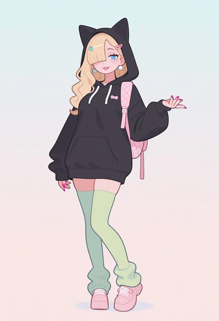 adorable fashion , m1nma_sty, minimalistic, masterpiece, best quality, soft lighting, cinematic lighting, dramatic lighting, depth of field, asymmetrical framing, dynamic pose, 1girl, upper body, mature female, fashion posing, long hair, blonde hair, wavy hair, (short bangs, bangs over one eye:1.1), blue eyes, (freckles, body freckles:0.6), pink makeup, pink painted nails, smiling, happy face, thin lips, pink lips, black hooded sweatshirt, cat ear hood, baggy sweatshirt, green thighighs, quilted backpack, standing, pastel pinkish background, pastel color scheme, pink, blue, yellow, full body view, medium breasts, looking_at_viewer, short_hair, hair_ornament, jewelry, earrings, parted_lips, hairclip, gradient_background,