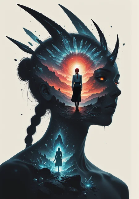 embedding:IllusP0s, double exposure, portrait, silhouette, simple background, 1girl, makima_\(chainsaw_man\), Monster, The Crystal Cave: A fantastical place where gemstones and crystals grow in abundance, a unicorn granting wishes to the pure of heart<lora:double_exposure_ill.safetensors:1.0:1.0>