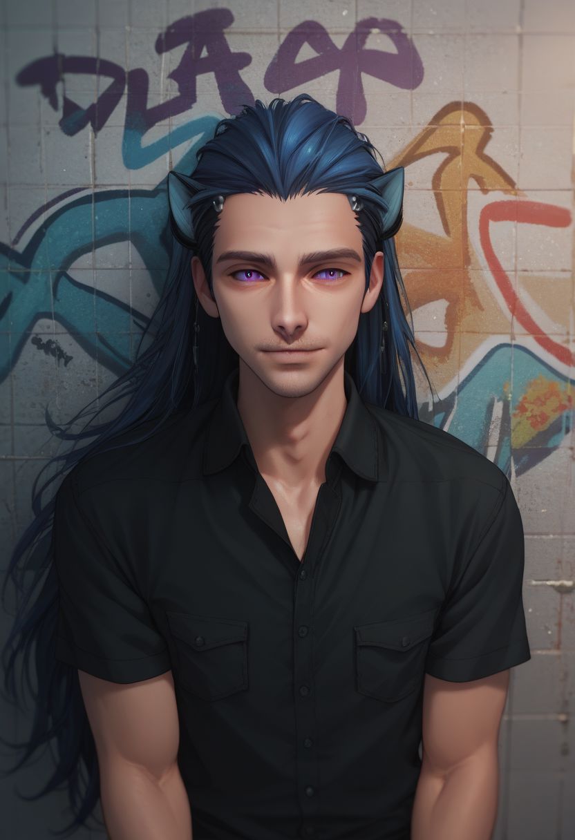 Tobias X'voor, 1boy, male focus, solo, long hair, shirt, blue hair, blue hair, upper body, purple eyes, short sleeves,  black shirt, plant,  graffiti, portrait, PonyXLV6_Scores zPDXL