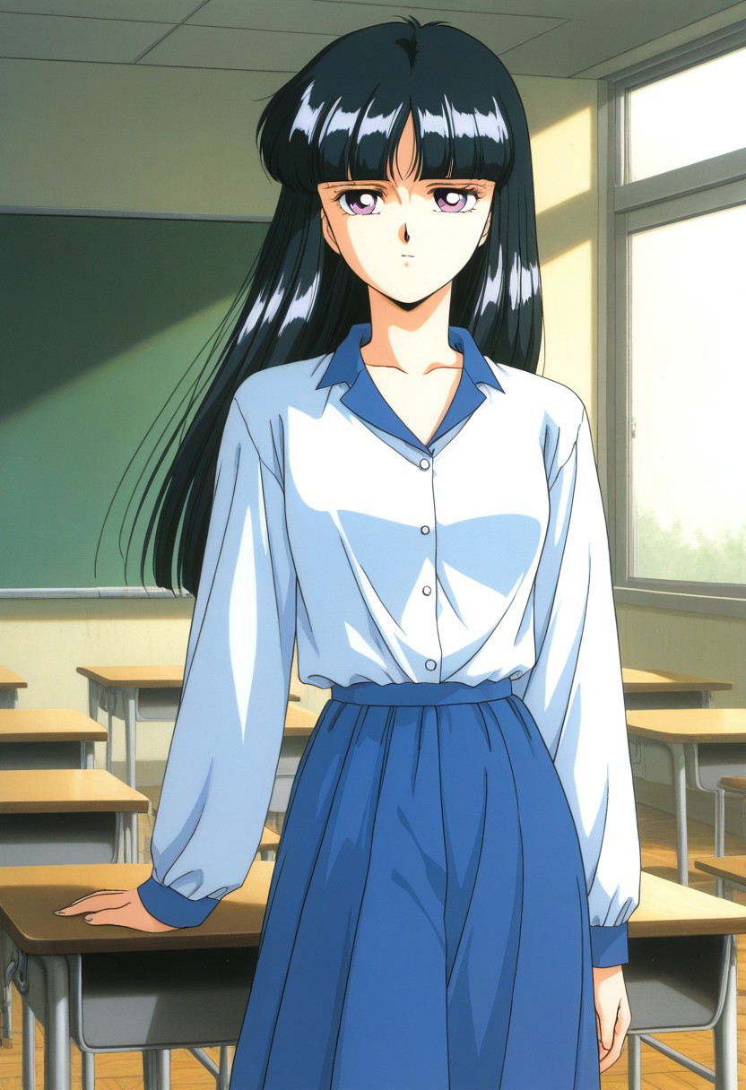 score_9, score_8_up, score_7_up, source_anime,masterpiece, best quality, retro_artstyle, 1990s_\(style\),official art,a girl,solo, Hotaru,black_hair,long_hair,blunt_bangs,purple_eyes,small_breasts,White shirt with a blue collar,long_sleeves,(shirt untucked,shirt out:1.2),blue_long_skirt,empty classroom,(detailed face and eyes,expressionless:1.2), looking at viewer,(cowboy shot),