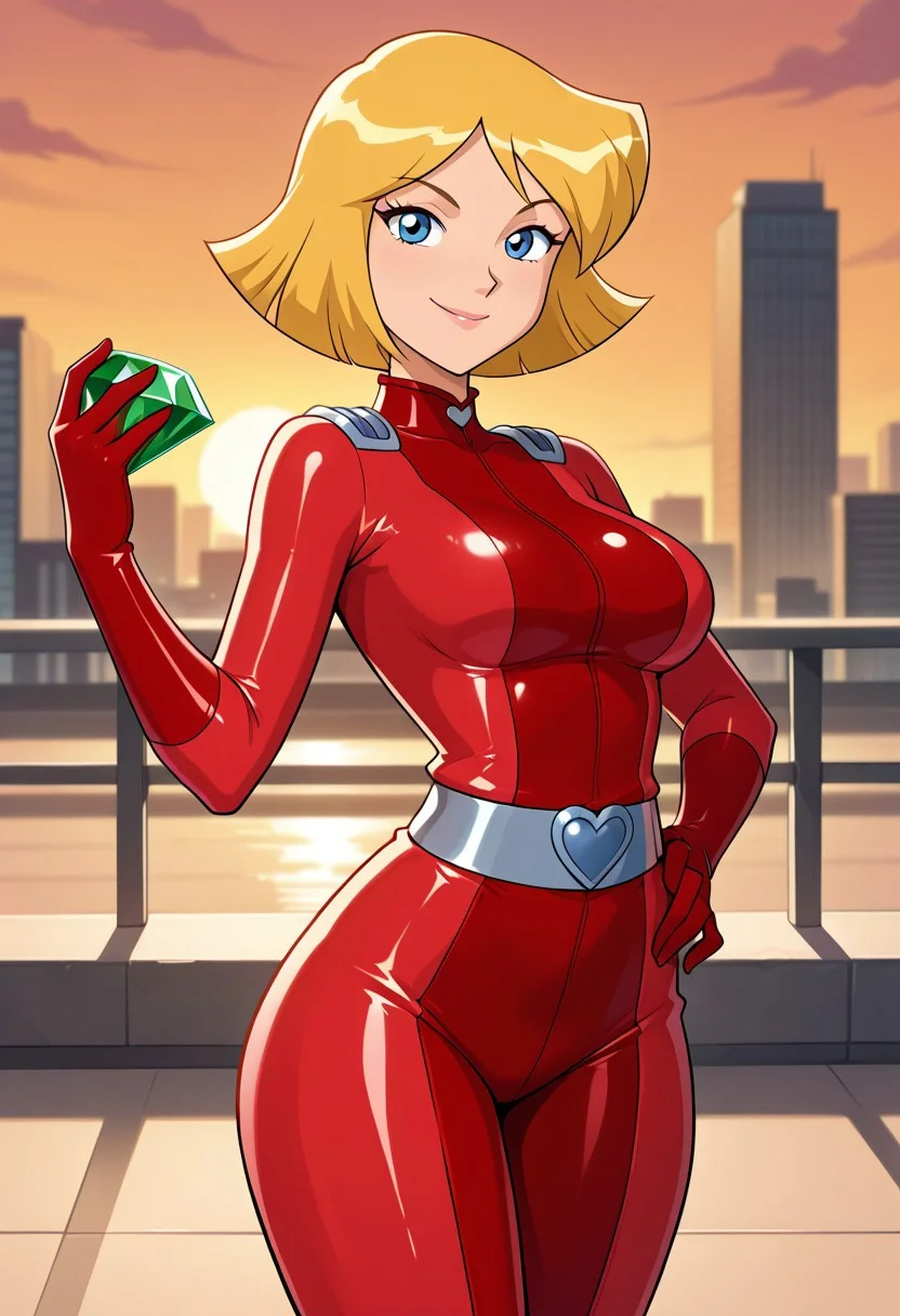 masterpiece, best quality, good quality, 1girl, solo, parody, official style, clover_totally_spies, short hair, blonde hair, blue eyes, red bodysuit, sexy, large breasts, beautiful, detailed, high detailed, very beautiful, detailed face, detailed eyes, detailed hand, smile, looking at viewer, wide hips, standing, blue chaos emerald, holding, gem, holding gem, city, rooftop, sunset, hand on hip