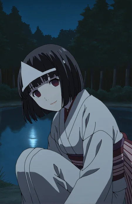 NoraMizu. 1girl, empty eyes, black hair, short hair, bangs, triangular headpiece, japanese clothes, white kimono, obi, sash, long sleeves, night, squatting, forest, pond, smile, face focus, looking at viewer