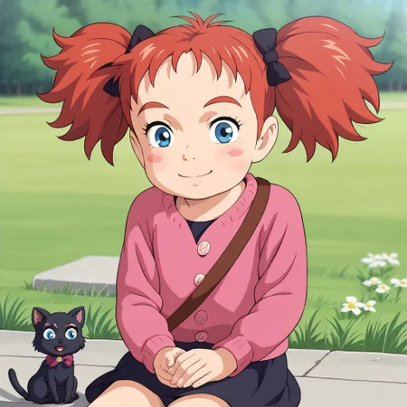 score_9, score_8, score_9, BREAK, solo, female child, mary, red hair, blue eyes, twintails, blush stickers, skirt, sitting, outdoors, smile, black cat