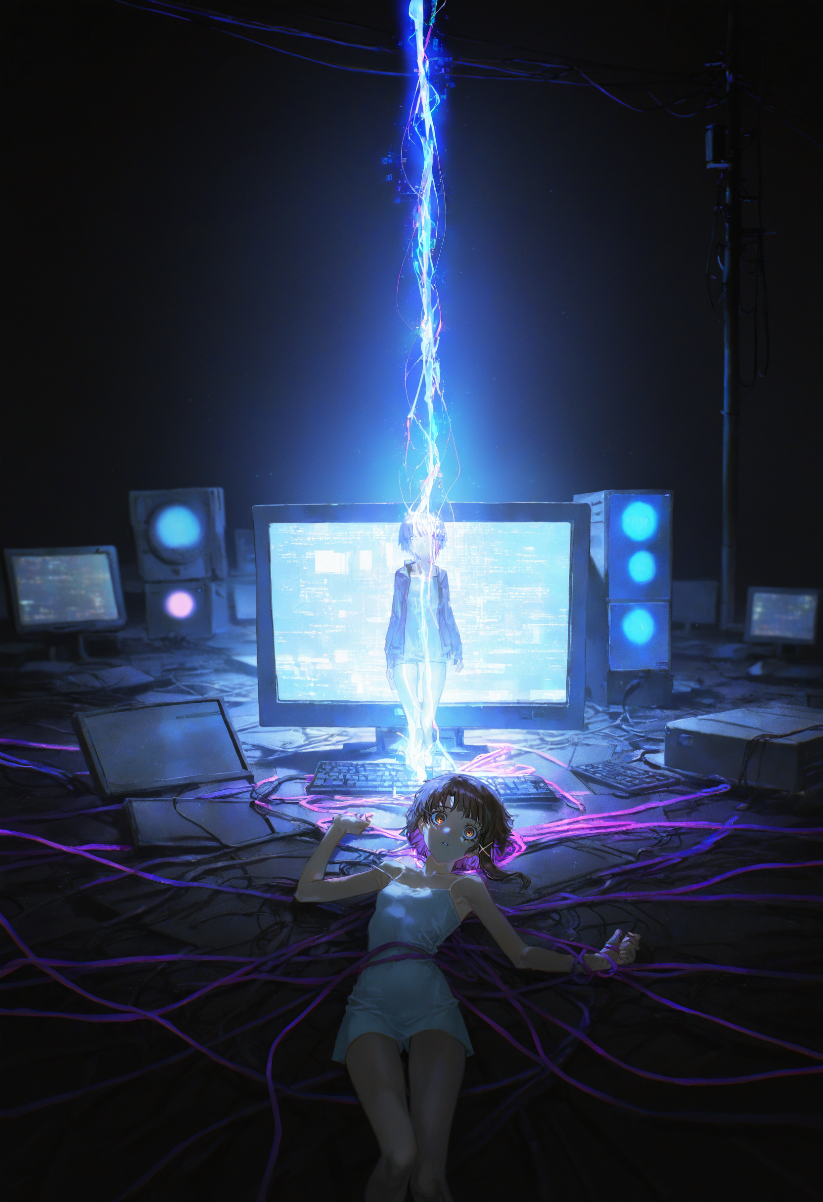 artist:[yoneyama mai|quasarcake],
1girl, iwakura lain, solo, thigh gap , dark background, cable, looking at viewer, pile, spaghetti strap , utility pole, wire, monitor, entangled, digital rain, wide shot, white camisole, negative space, cinematic shot, science fiction, matrix, code, digital, computer, glitch, covered in wire, dark, spot color, ultraviolet light, blue light, on back,
masterpiece, best quality, very awa, absurdres
<lora:noobai_vpred_1_masterpieces_v1:1>