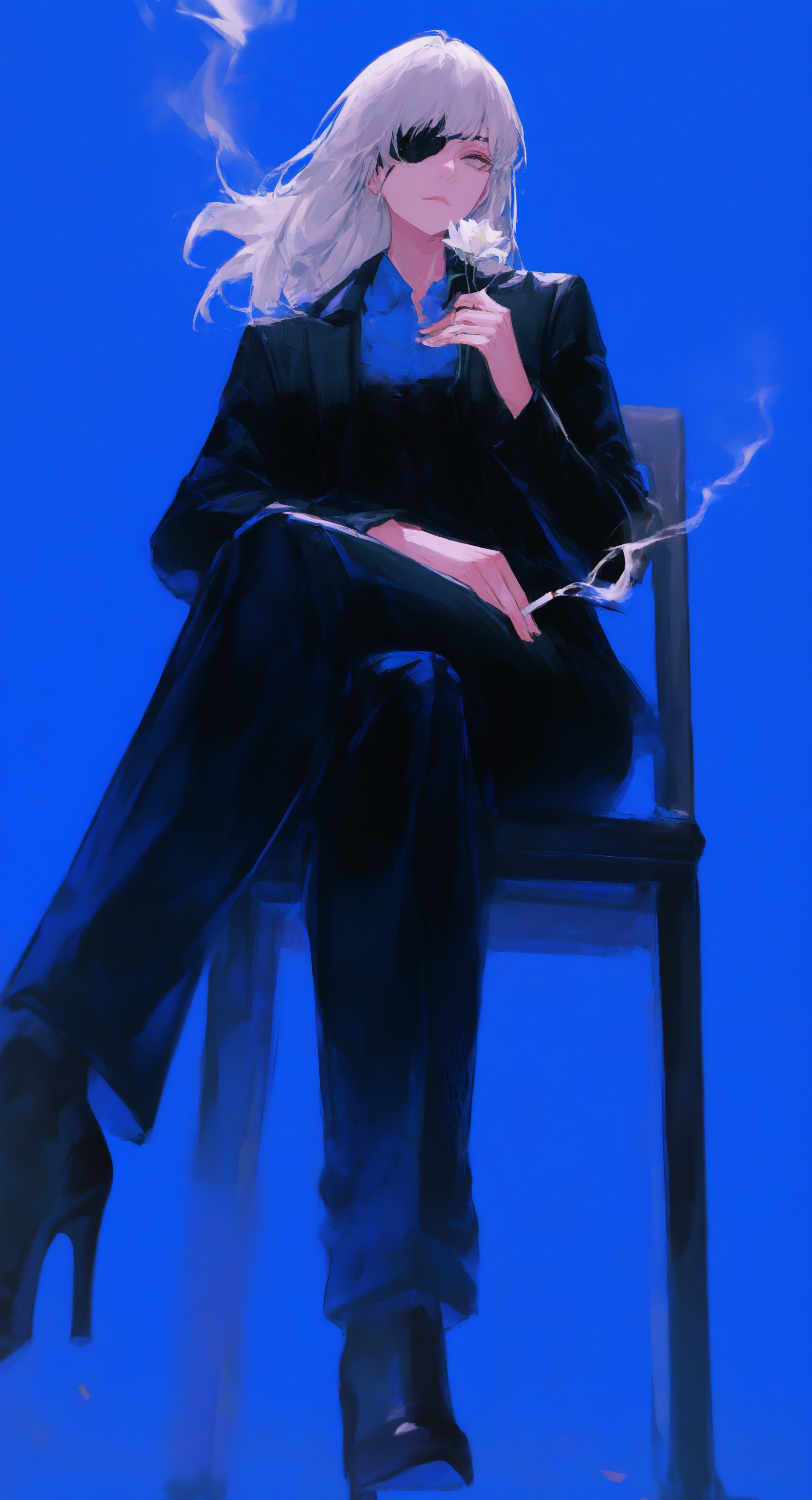 masterpiece, best quality, good quality, very aesthetic, absurdres, newest, 1girl, black jacket, black pants, chair, closed mouth, eyepatch, flower, grey eyes, holding cigarette, holding flower, jacket, long hair, pant suit, sitting, smoke, solo, suit jacket, white hair,
High heel,
looking_at_viewer, Reverse sitting,crossed legs, blue background, low view, <lora:ponyv5_noobV065S_1_adamW-000013:0.7> <lora:USNR_STYLE_XL_lokr:0.45> <lora:96YOTTEA-WAI:0.8>